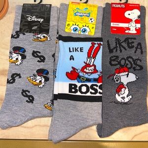 Scrooge McDuck, Mr. Krabs, and Snoopy 3-pack socks. New, shoe size 6.5-12.